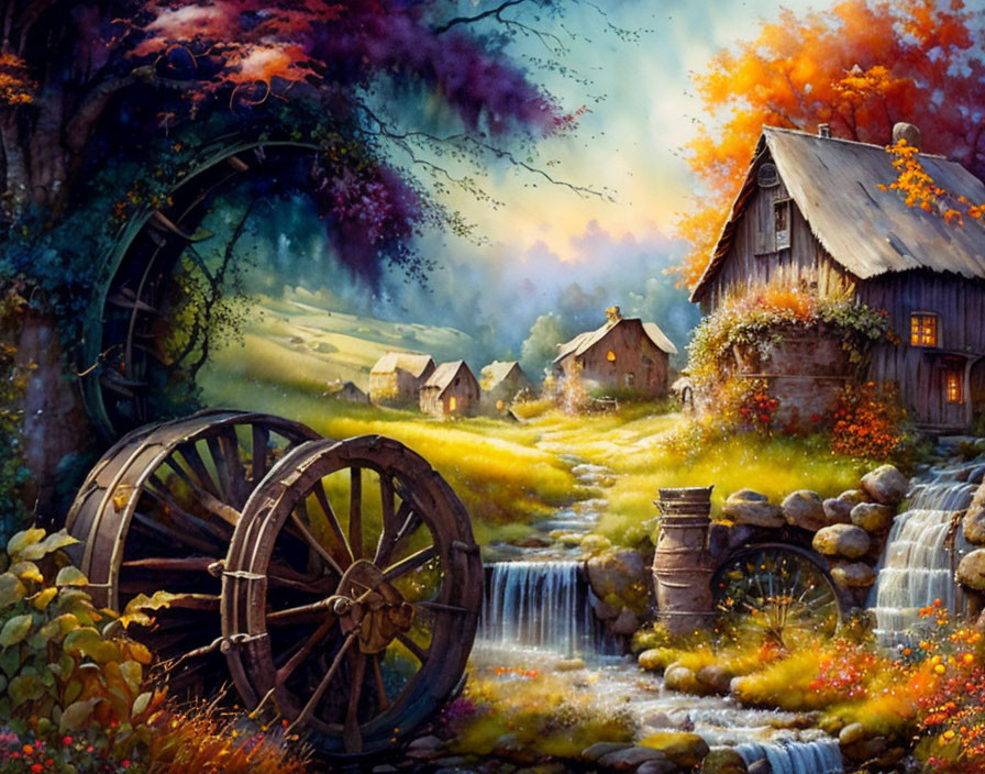 Idyllic village scene with waterwheel, cottages, stream, autumn trees