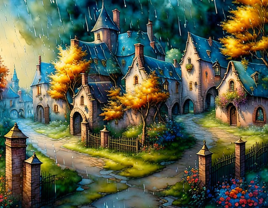 Enchanting village scene with colorful houses, cobblestone path, flowers, and gentle rain glow