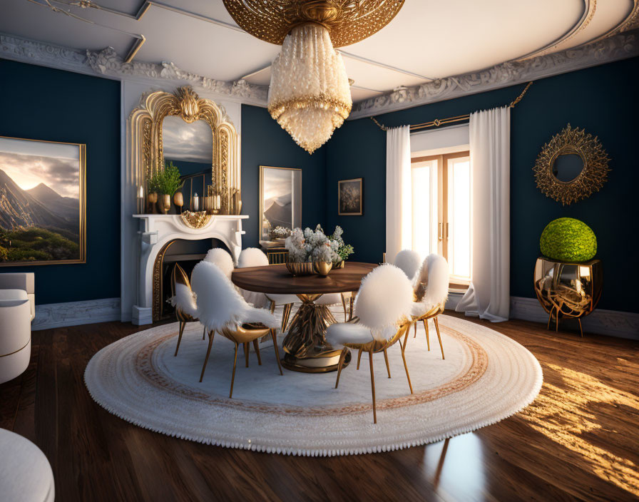 Luxurious Dining Room with White Chairs, Gold Mirror, Round Table, Chandelier, Teal Wall