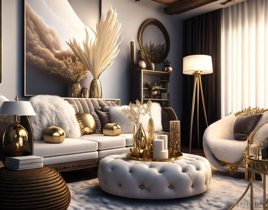 White and Gold Themed Living Room with Tufted Sofa and Metallic Accents