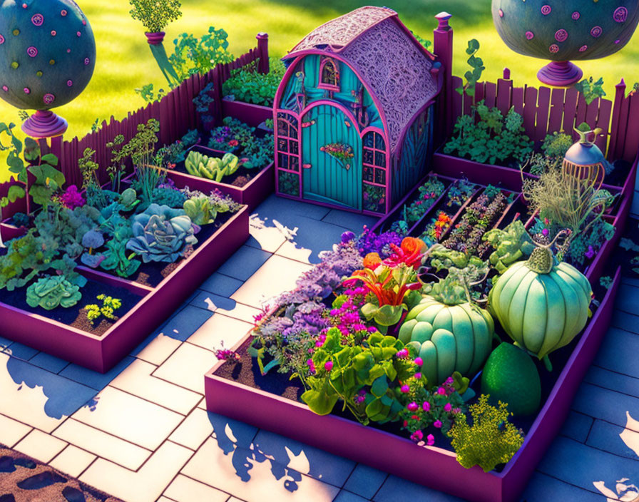 Vibrant stylized garden with oversized vegetables and whimsical trees