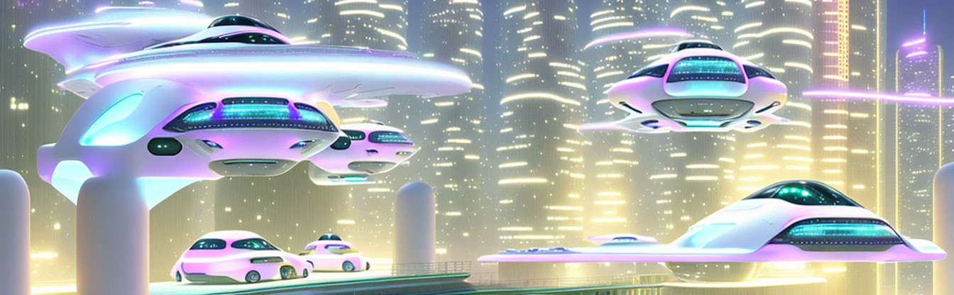 Nighttime futuristic cityscape with flying cars and illuminated skyscrapers.