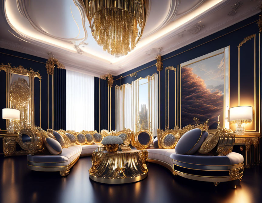 Luxurious Room with Gold-Trimmed Furniture and Grand Chandelier