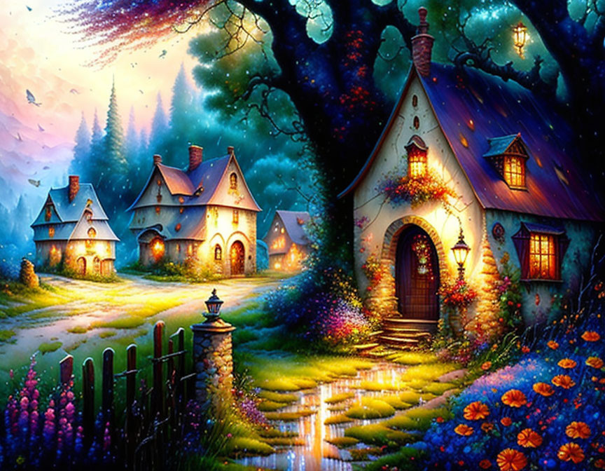 Fantasy village with cozy cottages, vibrant flowers, starry sky, and aurora.