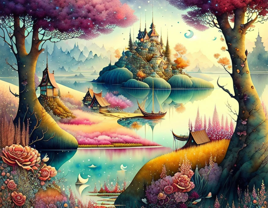 Colorful Fantasy Landscape with Castle, Trees, River, and Moon