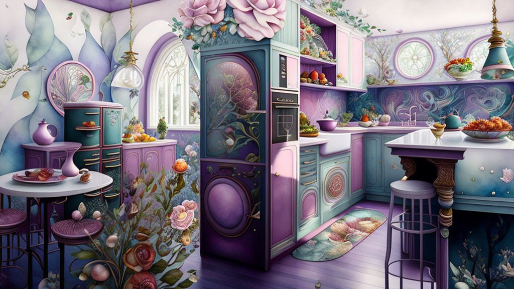 Violet-toned kitchen with floral motifs and modern appliances