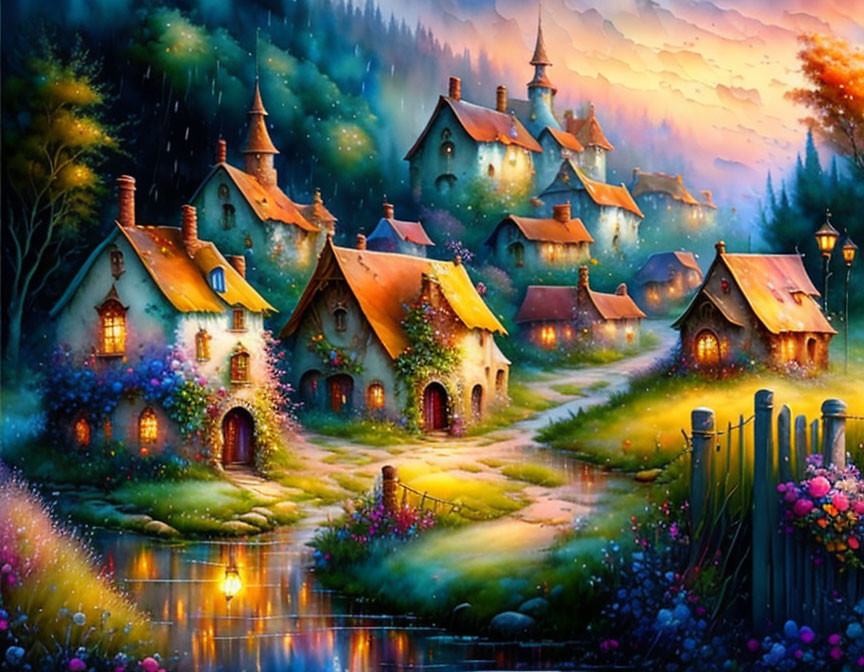 Enchanting village scene with cozy cottages and flowers at sunset