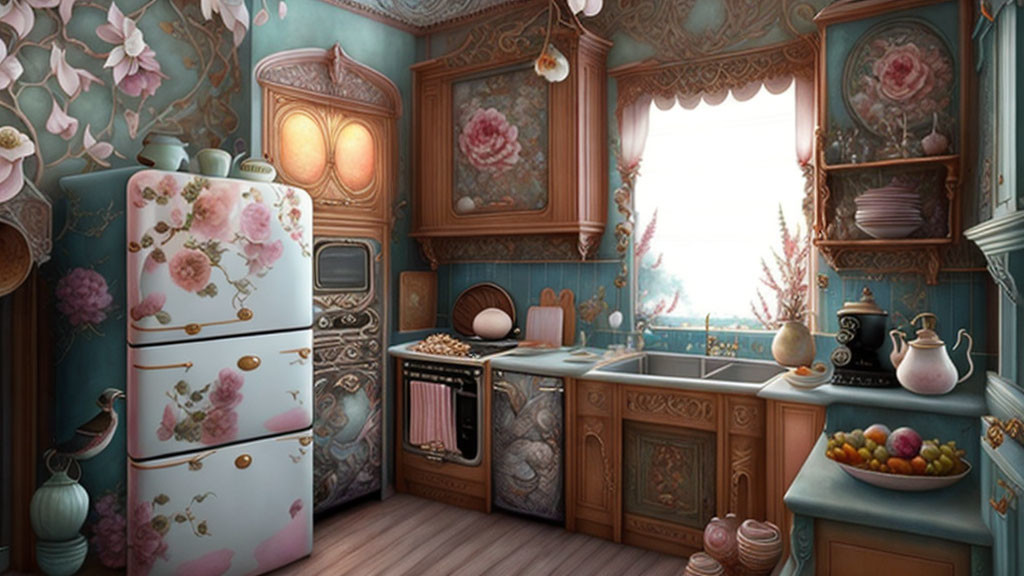 Vintage-Style Kitchen with Floral-Patterned Fridge and Wooden Cabinets