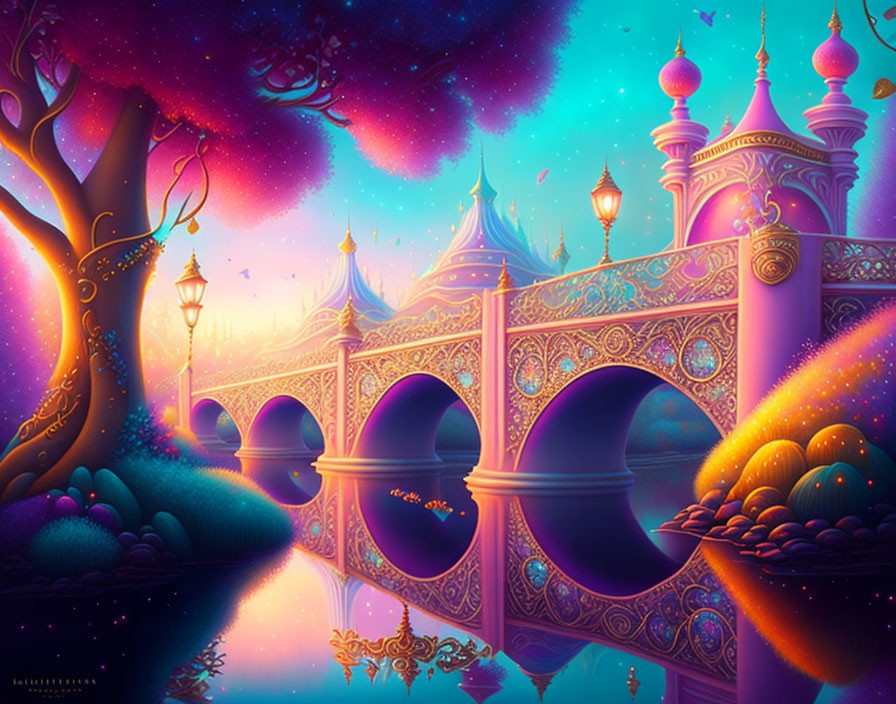 Fantasy palace with pink towers, ornate bridges, and glowing lanterns