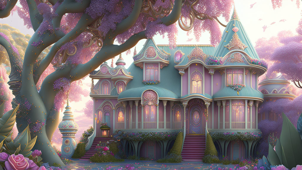 Victorian-style purple and pink house with whimsical surroundings