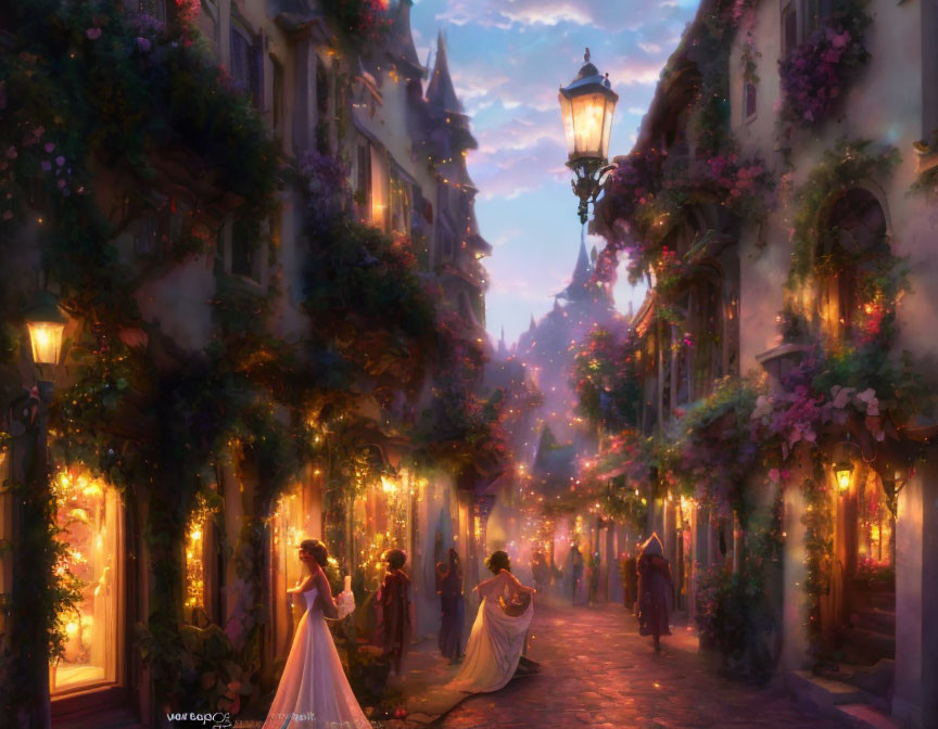 Romantic cobblestone street at twilight with elegant people and vintage buildings