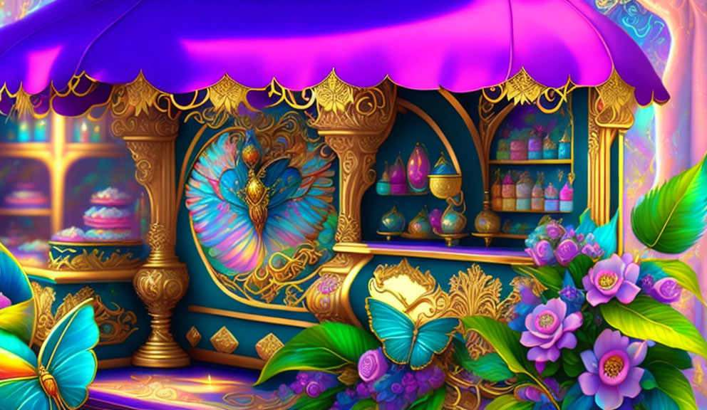 Golden carriage in vibrant fantasy scene with purple designs, lush flowers, and colorful butterflies