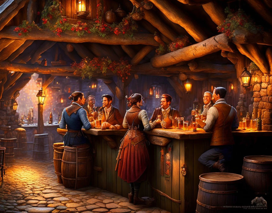 Medieval tavern scene with patrons, candlelight, wooden barrels, and stone walls