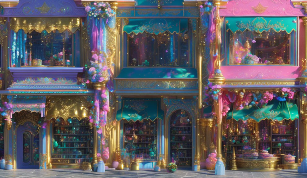 Opulent library with golden shelves, blue and pink tones, floral decorations