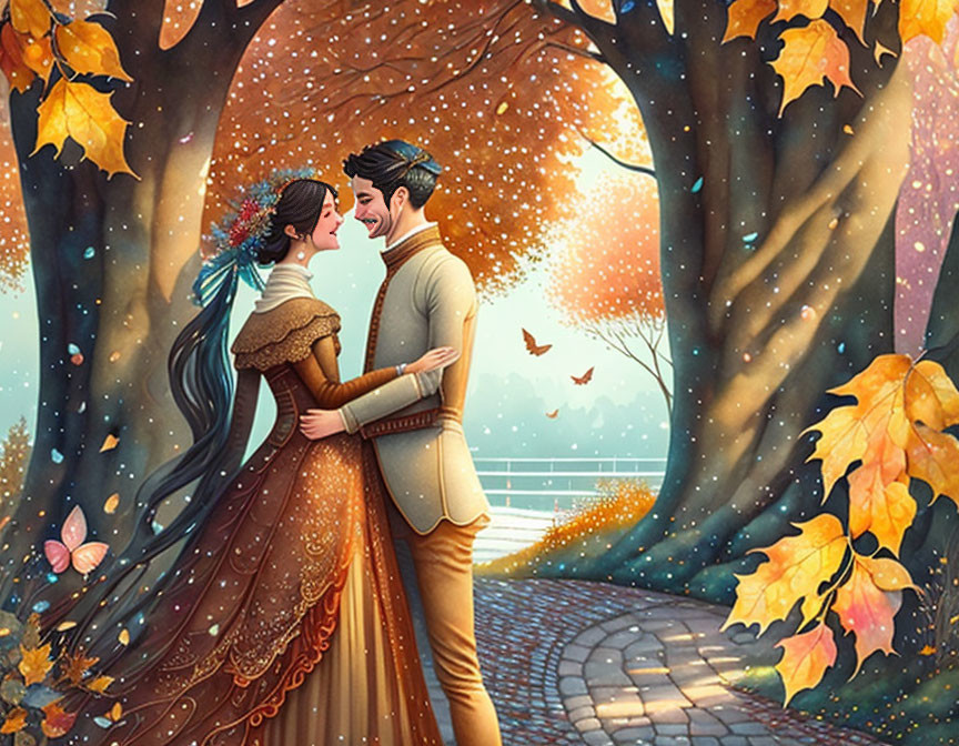 Illustrated Couple Embracing Under Autumn Archway