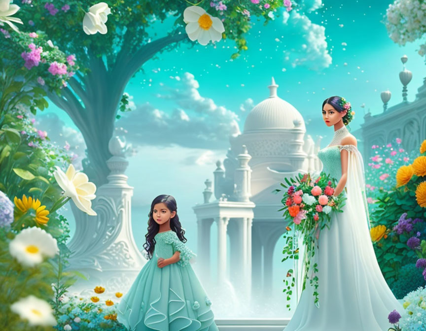 Elegant animated characters in garden with oversized flowers and palace