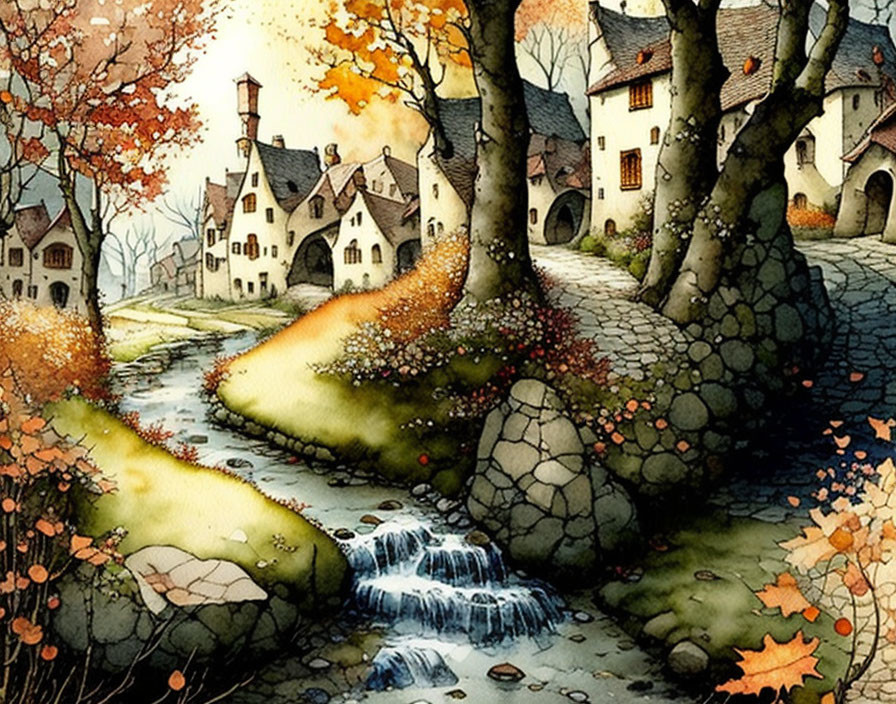 Picturesque village with cobblestone paths and autumn trees