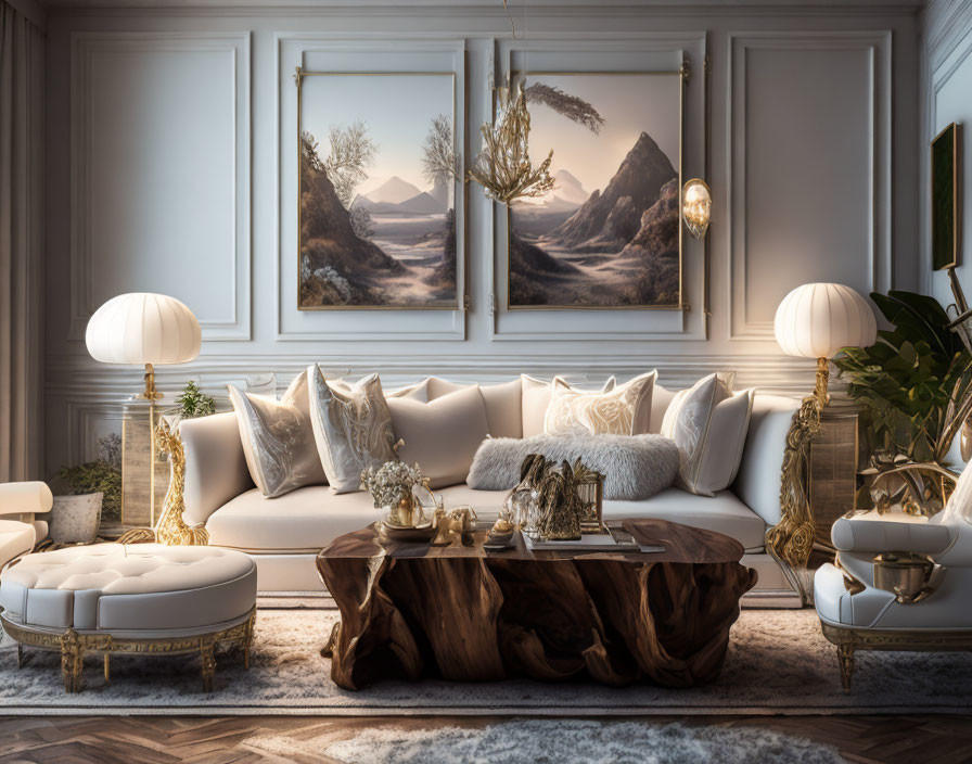 White Sectional Sofa with Natural Wood Table & Gold Accents