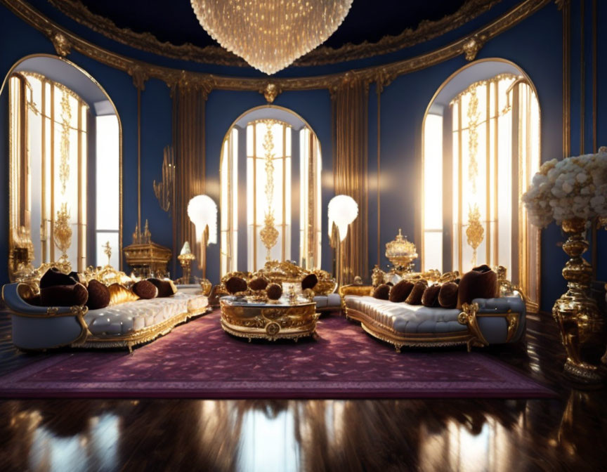 Opulent golden decor in luxurious room with chandeliers