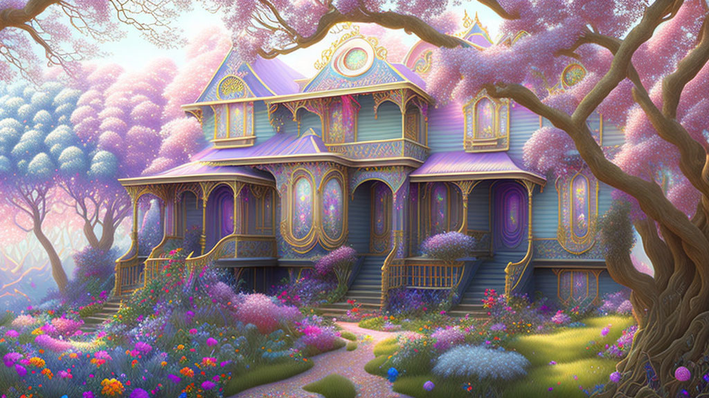 Victorian-style house in magical, colorful garden