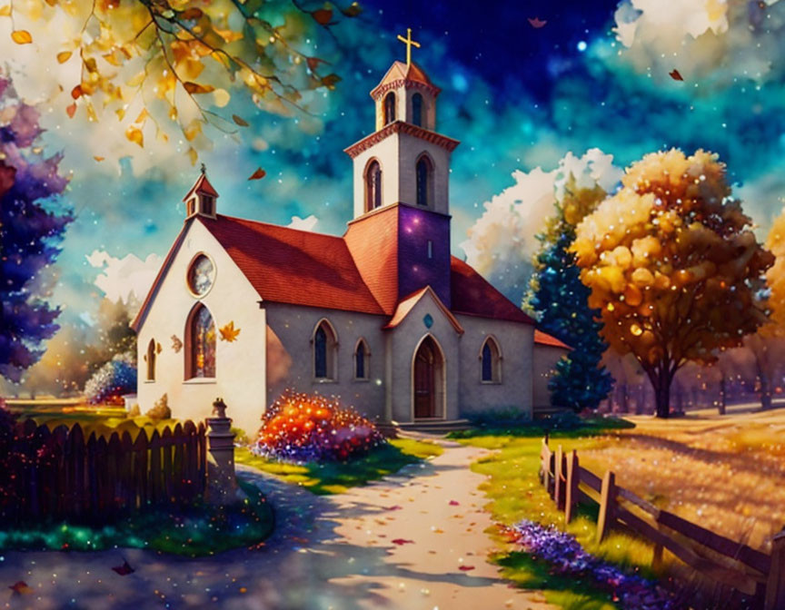 Quaint church with clock tower in autumn setting