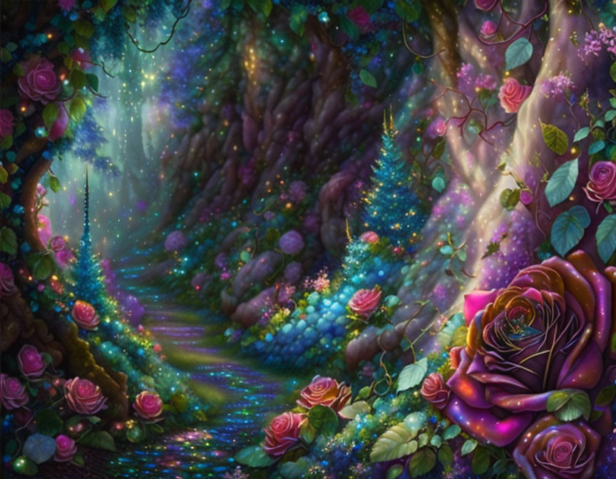 Vibrant flowers and glowing trees in twilight forest path