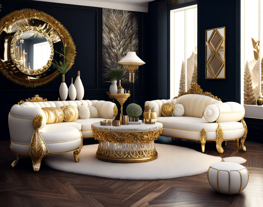 Luxurious White and Gold Living Room Decor with Ornate Details