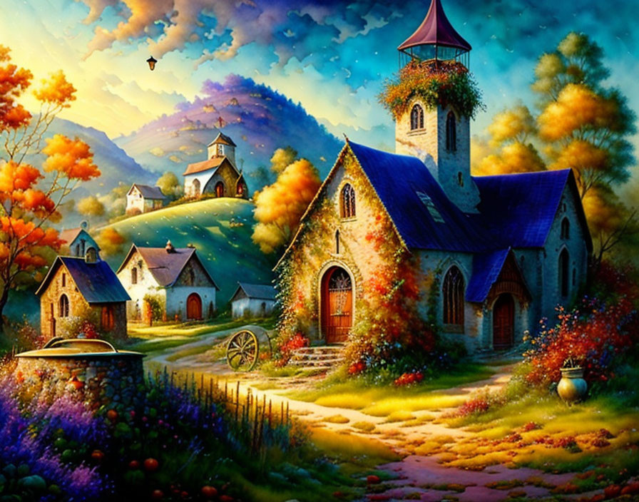 Picturesque village scene with charming stone houses and central church under warm dusk sky