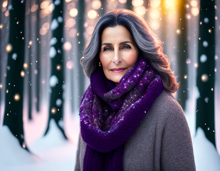 Gray-haired woman in purple scarf in snowy forest with soft glowing lights