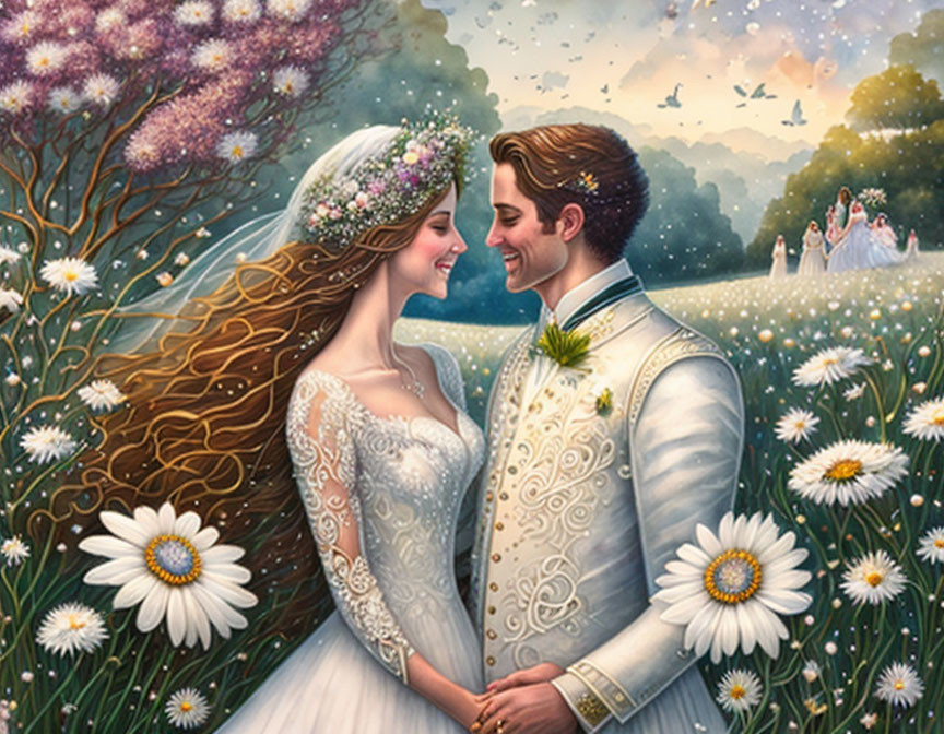 Whimsical meadow wedding illustration with bride, groom, and bridesmaids