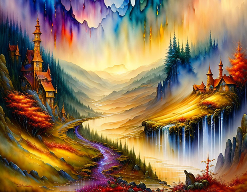 Colorful fantasy landscape: castle, waterfall, river, mountains, dreamy sky