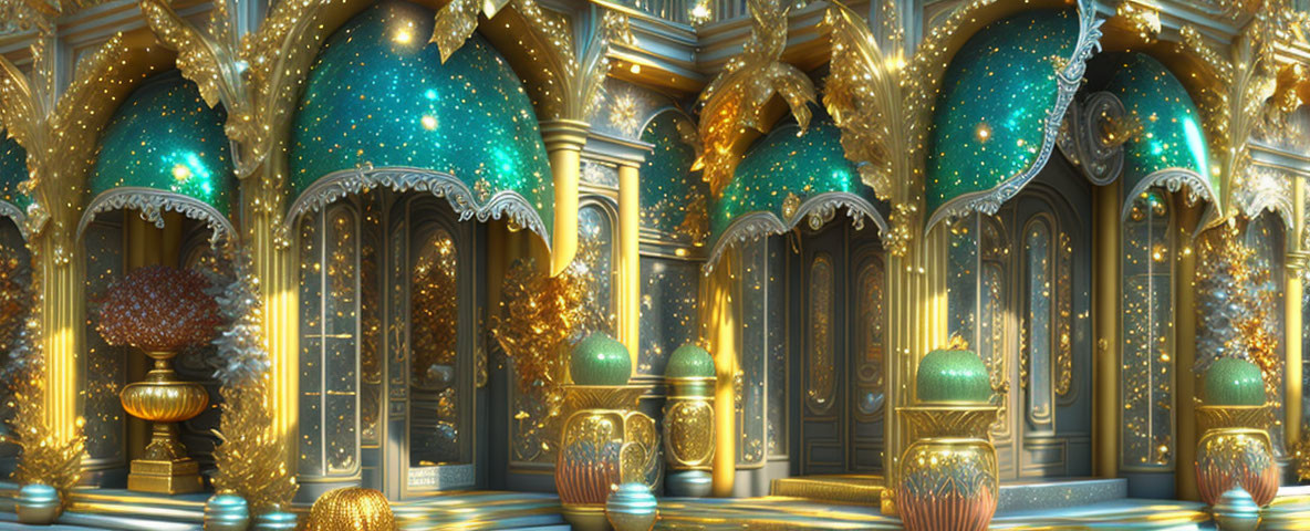 Opulent palace interior with golden arches, starry domes, and intricate ornamentation.