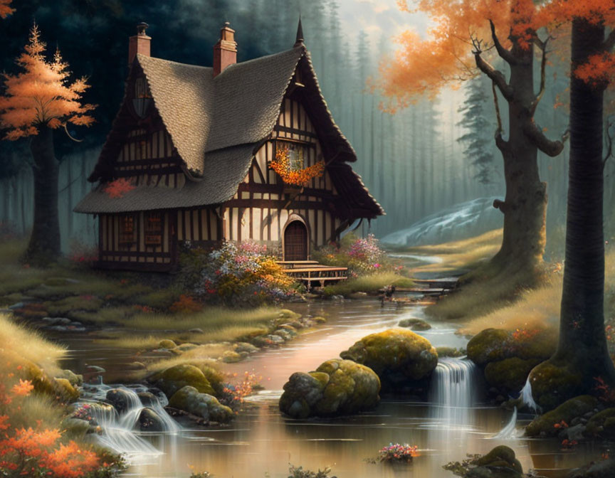 Cozy fantasy cottage in autumn forest with stream and warm light