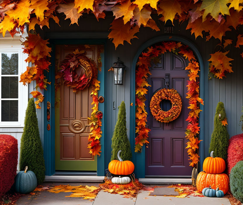 Colorful Fall Porch Decor with Pumpkins, Leaves, Wreaths, and Topiaries