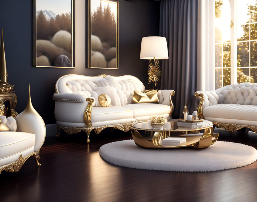 Luxurious White Tufted Sofas & Golden Accents in Living Room