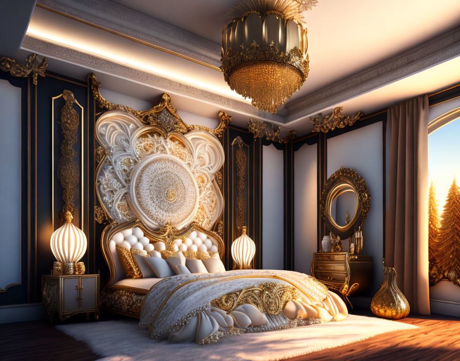 Opulent bedroom with golden details, chandelier, mirror, and elegant curtains