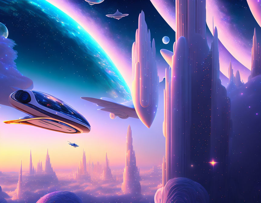 Futuristic sci-fi landscape with crystalline structures and spacecraft in alien sky