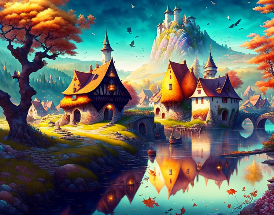 Vibrant autumn trees, serene river, cottages, and distant castle in fairy tale landscape