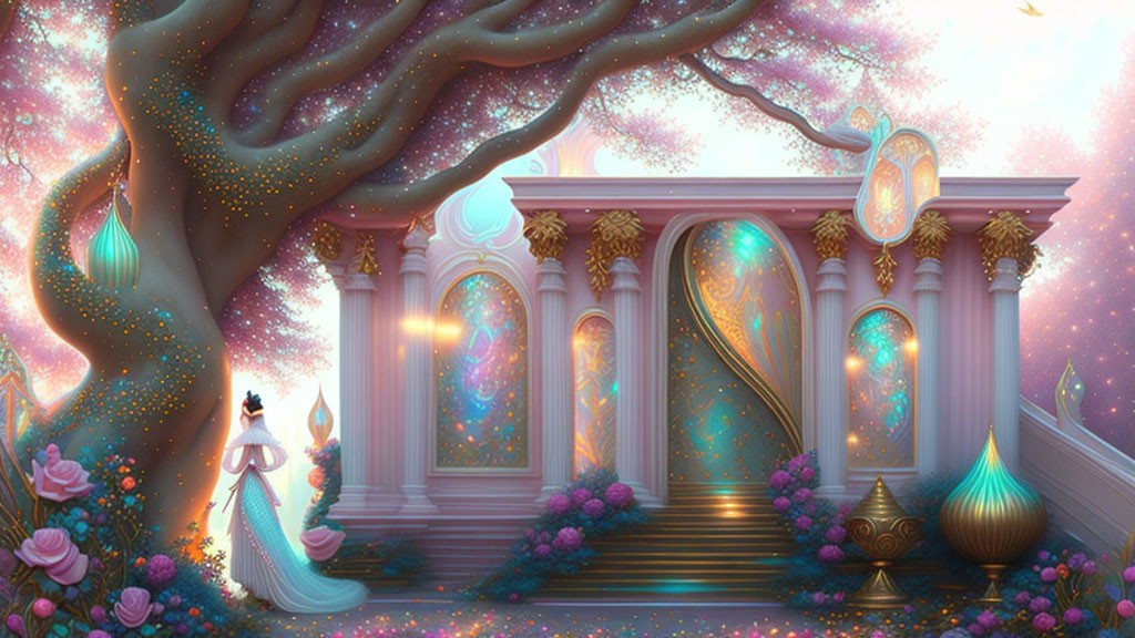 Fantasy scene: Woman in flowing dress near glowing gateway under tree with lights.