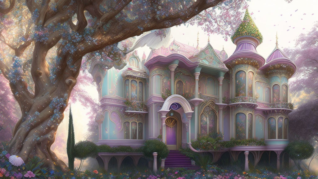 Pink-hued fantasy palace with ornate towers and turrets in a dreamlike garden.