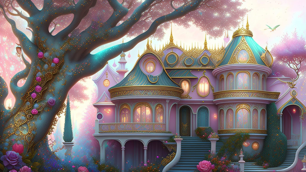 Illustration of fairy-tale castle with golden roofs amidst blossoming trees at twilight