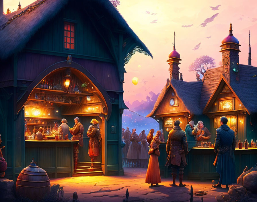 Bustling outdoor tavern scene at twilight