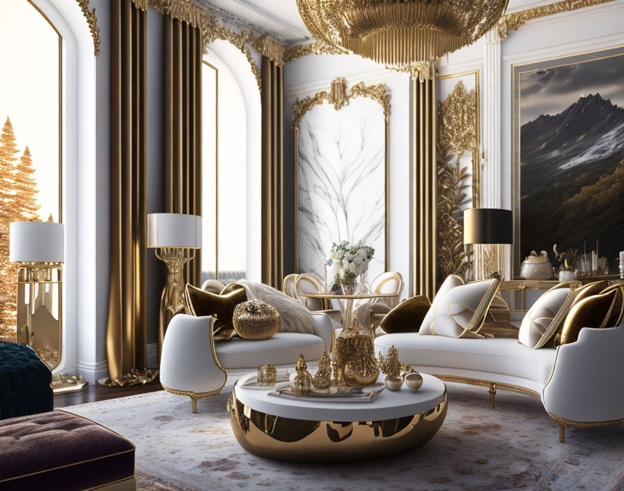 Luxurious White and Gold Living Room with Mountain View