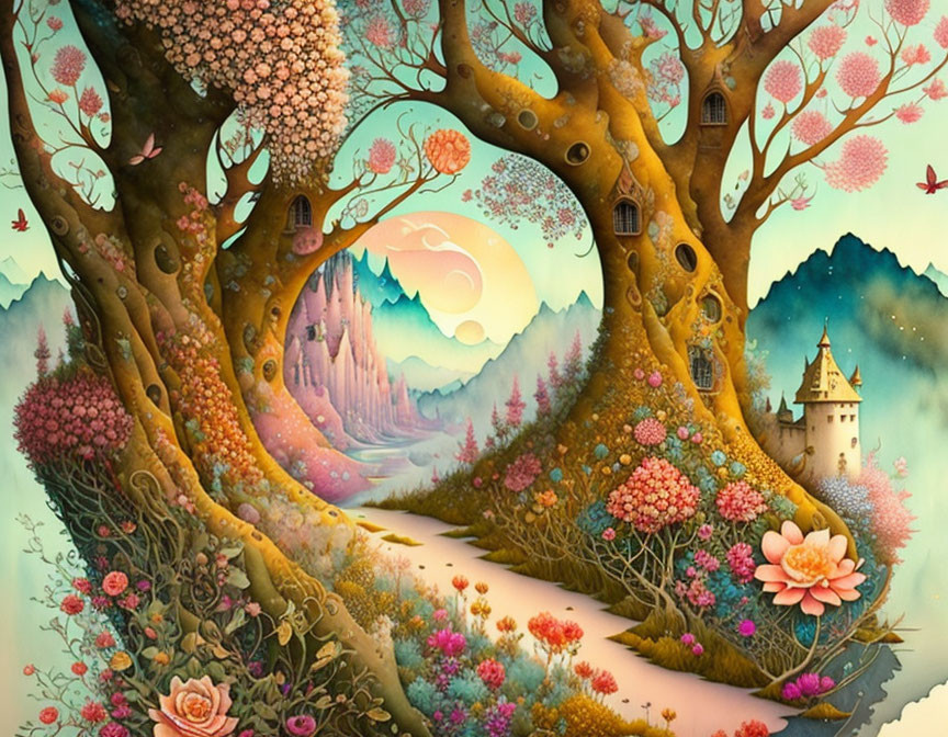 Vibrant fantasy landscape with blooming trees, castle, mountains, and crescent moon.