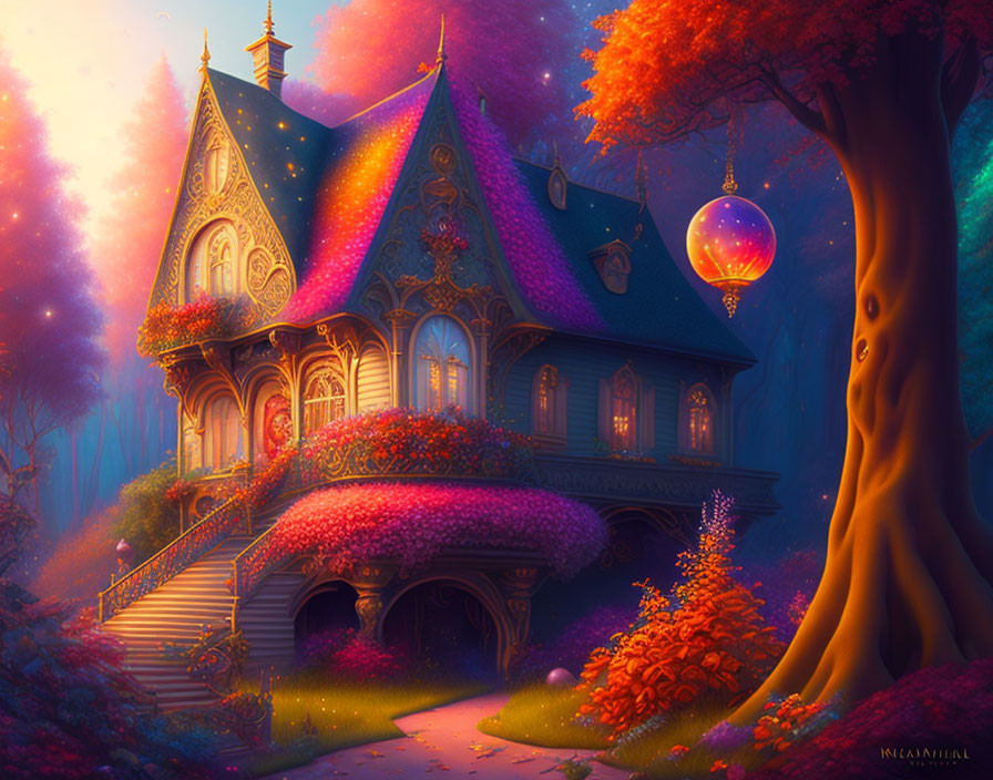 Victorian-style house with hot air balloon in colorful twilight scene