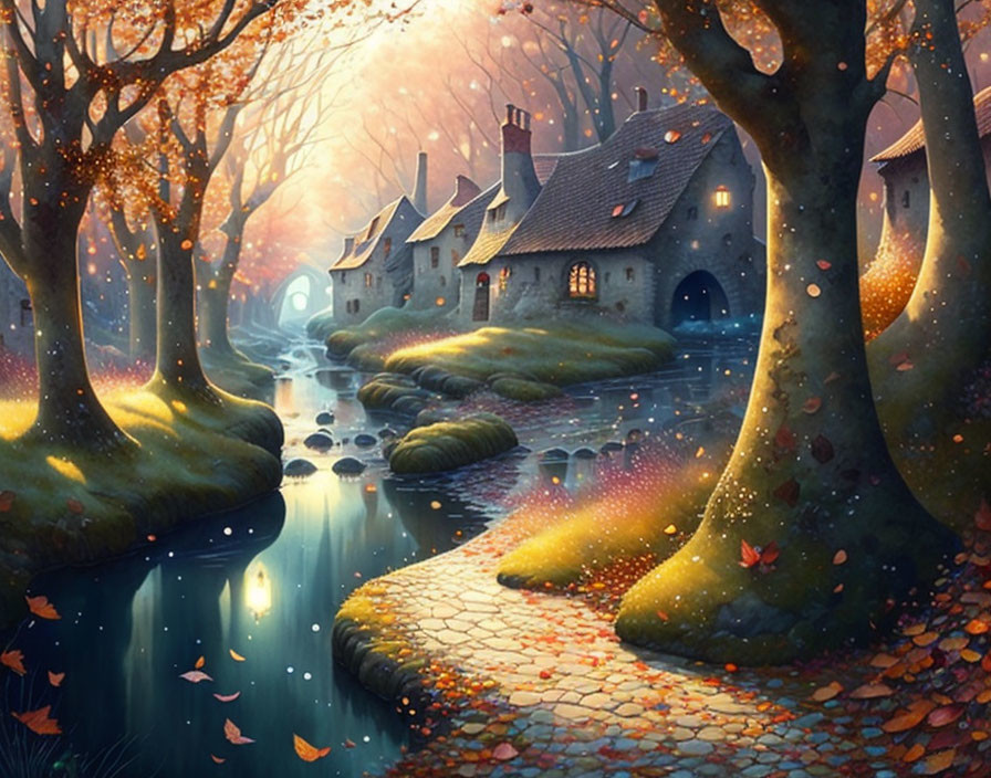 Enchanted forest scene with cobblestone path to cozy stone cottage