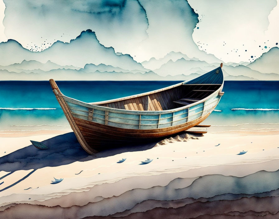 Wooden Boat on Sandy Shore with Blue Water and Cloudy Sky