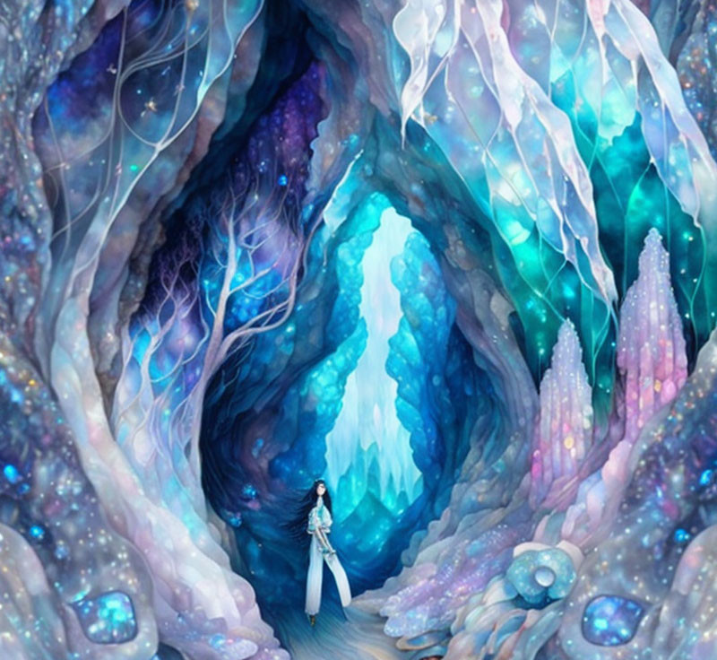 Person in luminescent cave with sparkling stalactites and glowing crystals