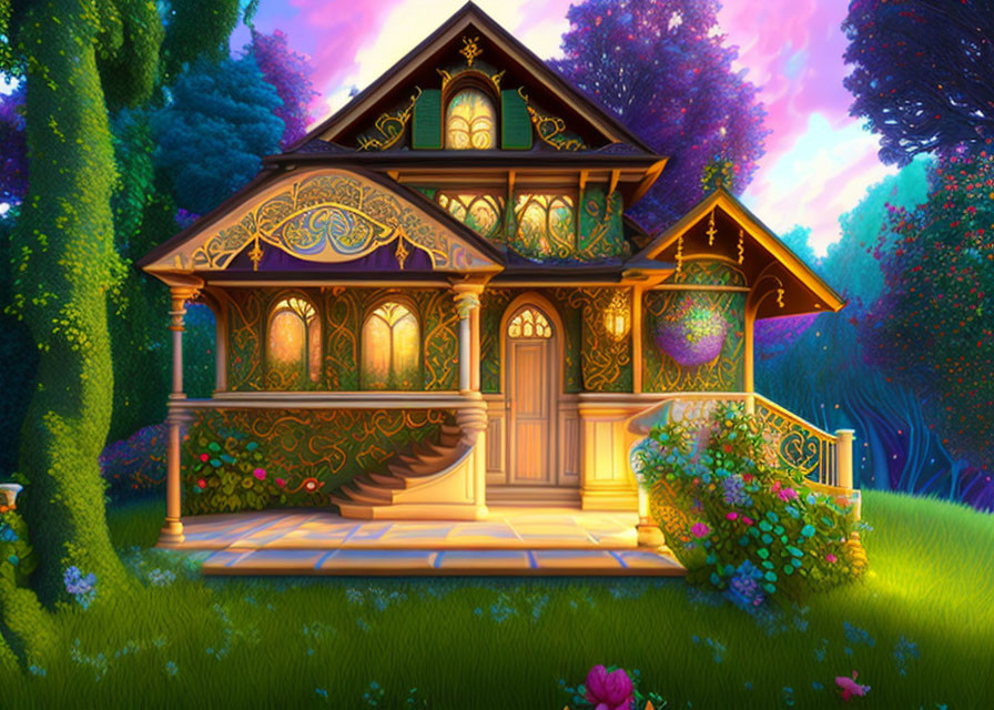 Intricate Cottage Surrounded by Greenery and Flowers at Twilight