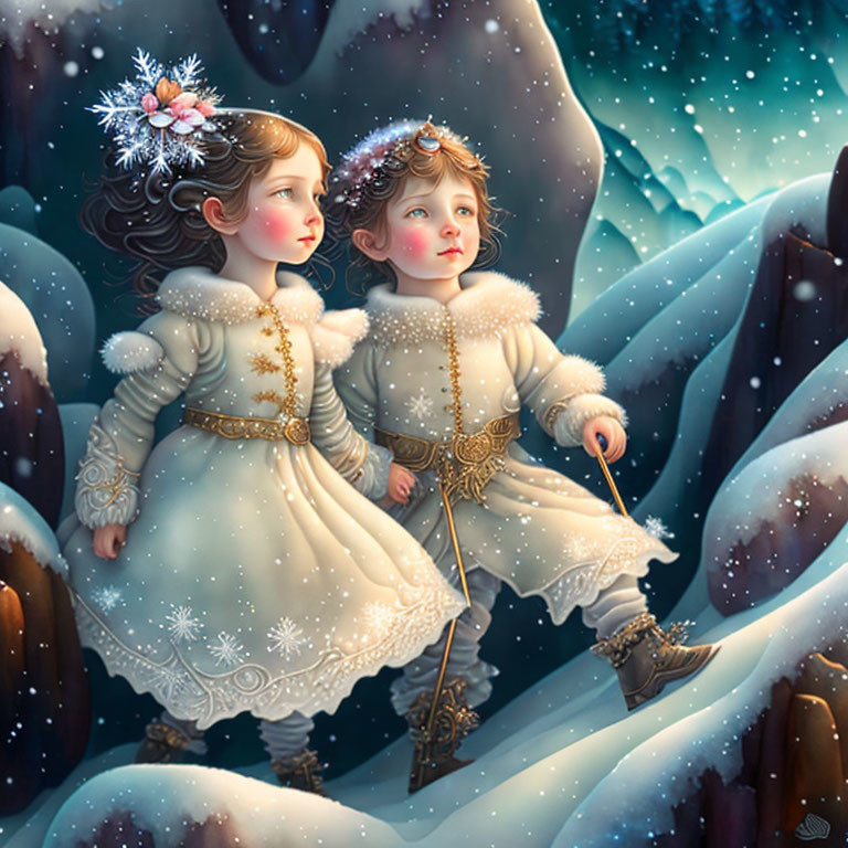 Illustrated children in winter attire holding hands under serene night sky